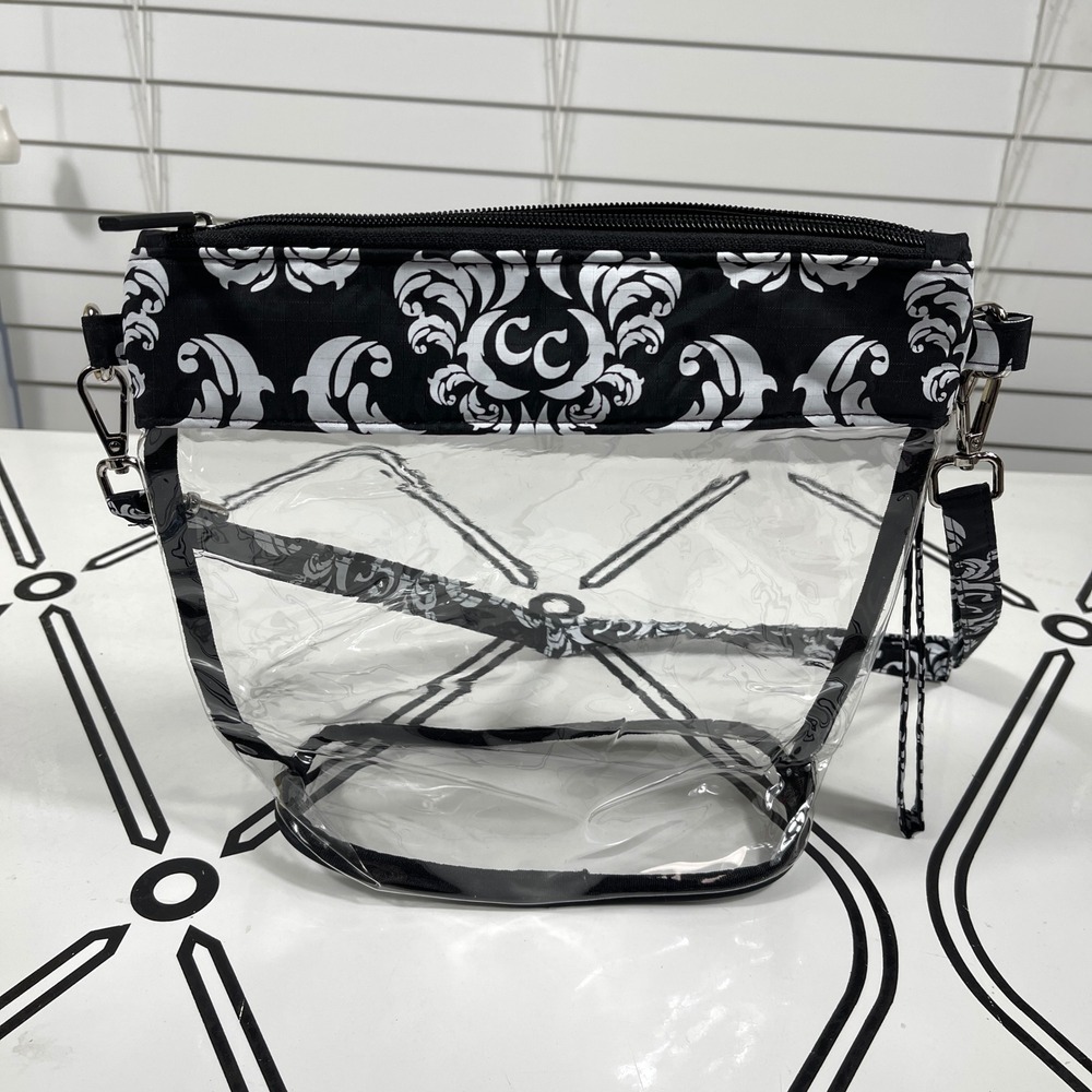 Clear‎ Stadium Travel Crossbody Bag Black White Damask Concert Game Day